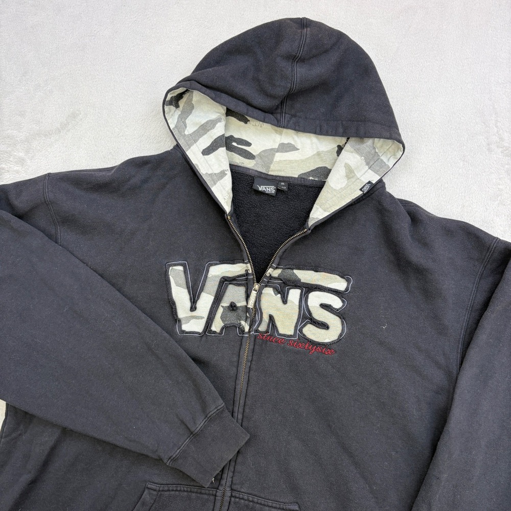 Vans Hoodie Mens XXL Black Camo Spell Out Full Zip Sweatshirt Skater Grunge Y2K